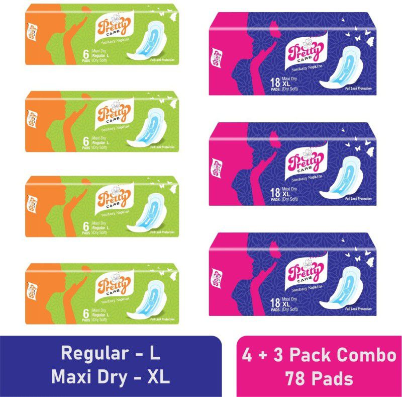 Pretty Care Regular L - 6 Pad + Maxi Dry XL - 6 Pad ( Combo 4 + 3 ) Dry Soft for Day & Night Sanitary Pad  (Pack of 78)