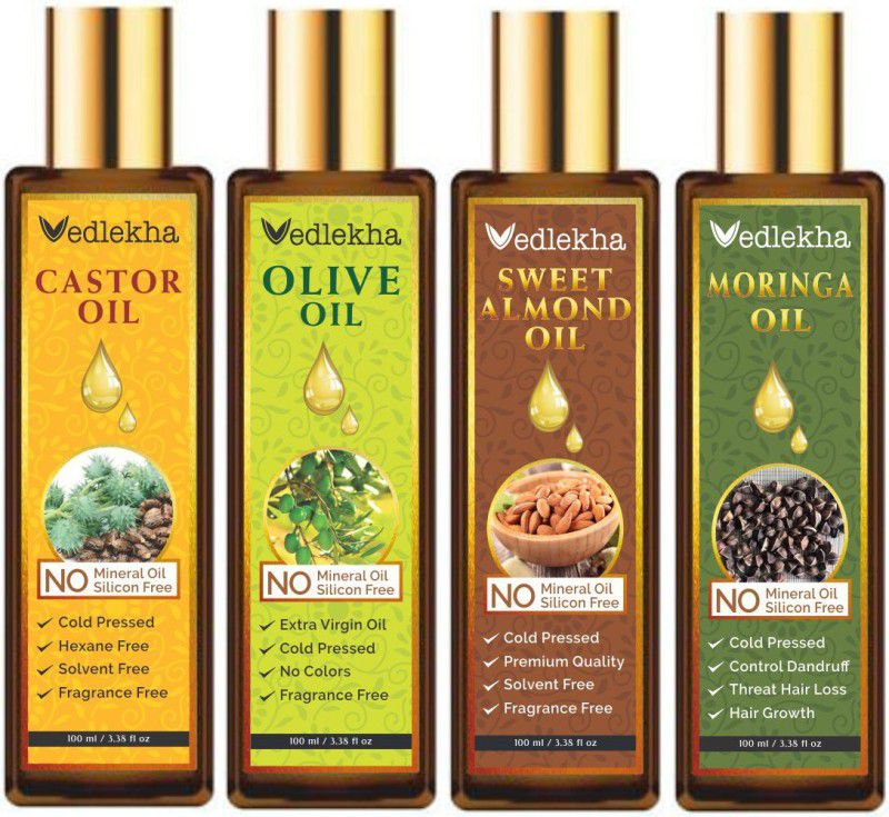 Vedlekha 100% Pure & Natural Castor & Extra Virgin Olive Oil & Sweet Almond Oil & Moringa Oil-100ml-Packof-4-Bottle- Hair Oil  (400 ml)