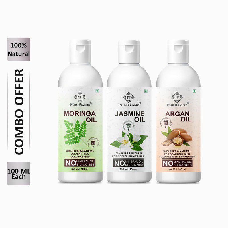 PuriFlame 100% Pure Moringa Oil 100ML & Jasmine Oil 100ML & Argan Oil 100ML Combo Hair Oil  (300 ml)