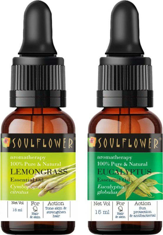 Soulflower Essential Oil Eucalyptus (Nilgiri Oil) 15ml, Lemongrass 15ml, 100% Premium & Pure, Natural & Undiluted, For Cold And Cough, Steam Inhaler, Hair Growth - Camphor Family Premium Oil  (30 ml)