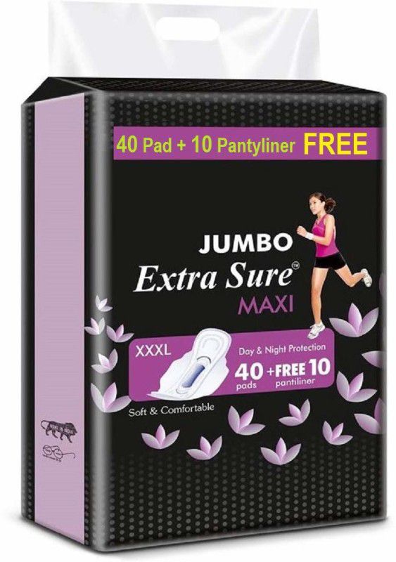 Jumbo Extra Sure Sanitary Pads for Women with Wings | Dry-net Surface Soft & Comfortable Sanitary Napkins for Day & Night Protection (40 Pad+ + 10 Pantiliner)) Sanitary Pad  (Pack of 50)
