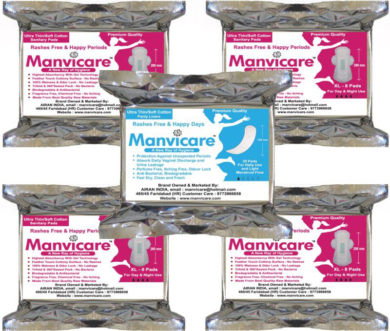 manvicare Biodegradable Antibacterial Anion Sanitary Pads Combo - 52 Napkins - 32 of Size XL(Medium) and 20 daily panty liner of size 155mm Sanitary Pad  (Pack of 52)