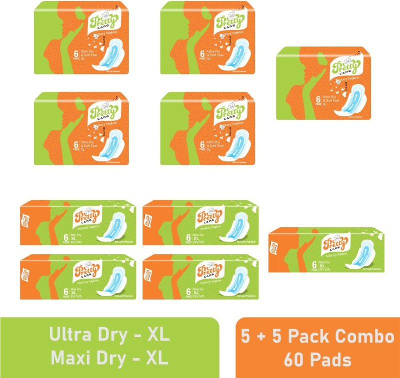 Pretty Care Ultra Dry XL- 6 Pad + Maxi Dry XL - 6 Pad ( Combo 5+5 ) Dry Soft for Day & Night Sanitary Pad  (Pack of 60)