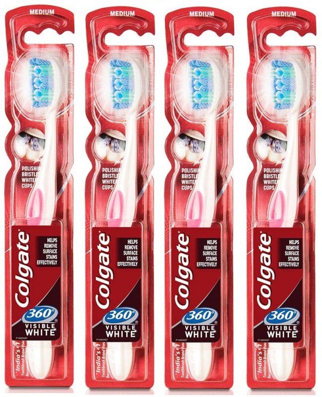 Colgate 360* Visible White Cheek And Tounge Cleaner Medium Toothbrush  (4 Toothbrushes)