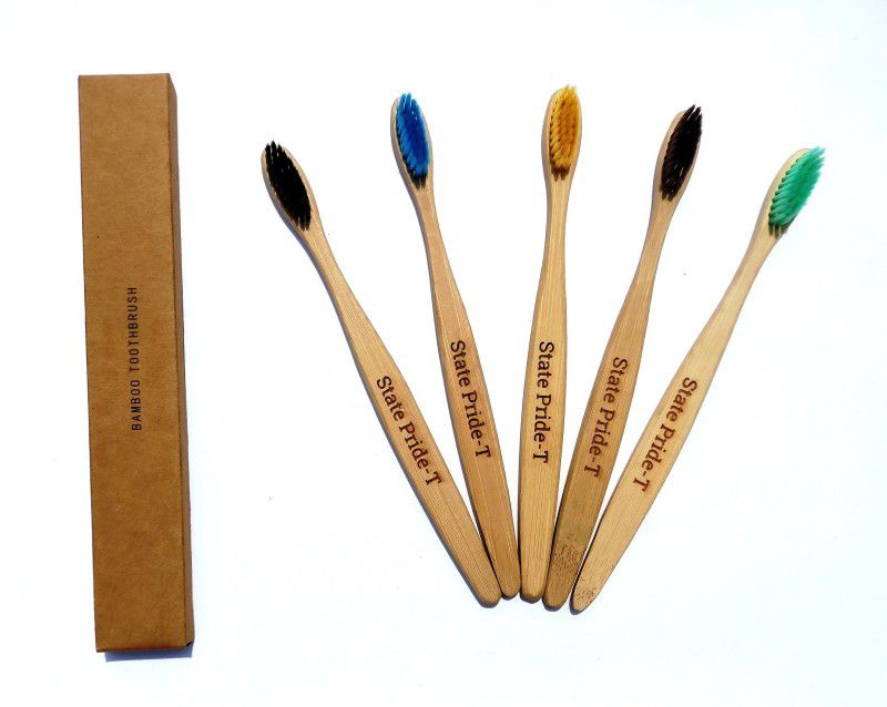 State Pride - T Biodegradable Bamboo Toothbrush for Adults - Pack of 5| Eco Toothbrushes | 100% Biodegradable Handle | Colours Medium Bristles | Recyclable Toothbrush | Soft Toothbrush  (5 Toothbrushes)