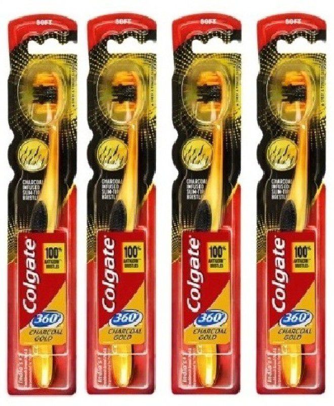 Colgate 360 Charcoal Gold ToothBruah Effectively Cleans Teeth, Tongue, Cheeks And Gums 100% Antigren Bristles 4PC Soft Toothbrush  (4 Toothbrushes)