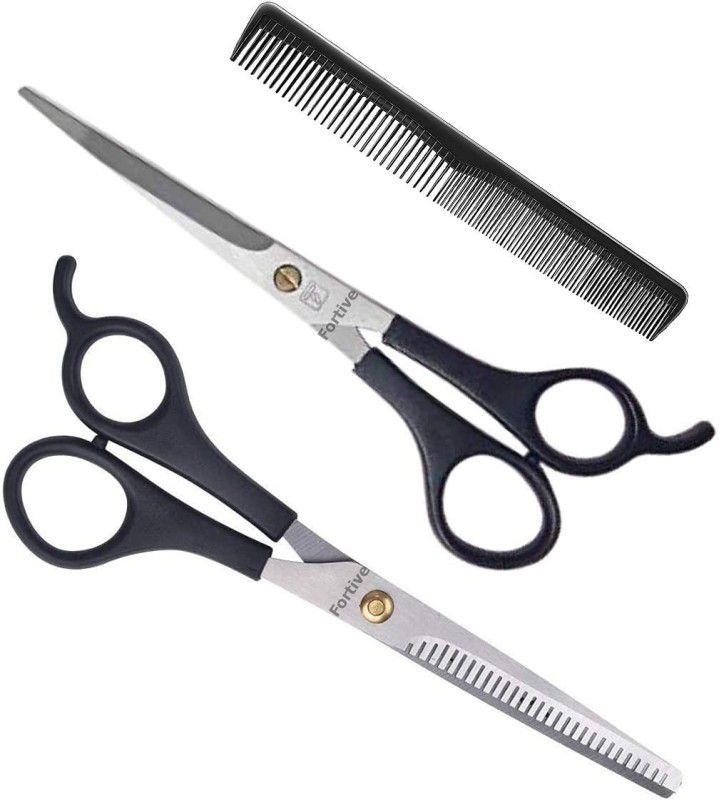 AVEU Long Professional Sharp Stainless Steel Hair Cutting Scissor With Double Thinning Scissor & 1 Comb Scissors  (Set of 3, Black)