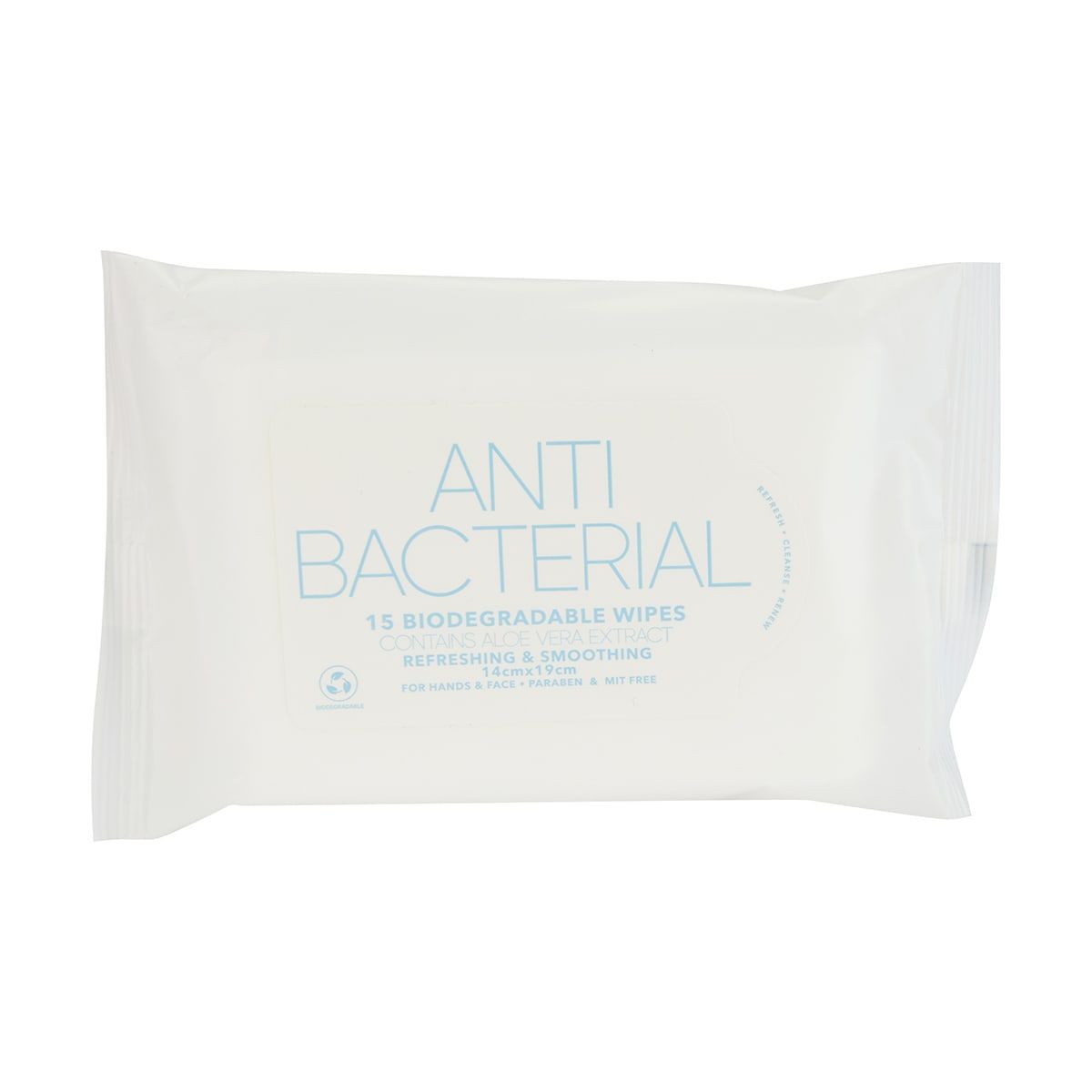 15 Pack Refreshing & Smoothing Biodegradable Wipes - Anti Bacterial