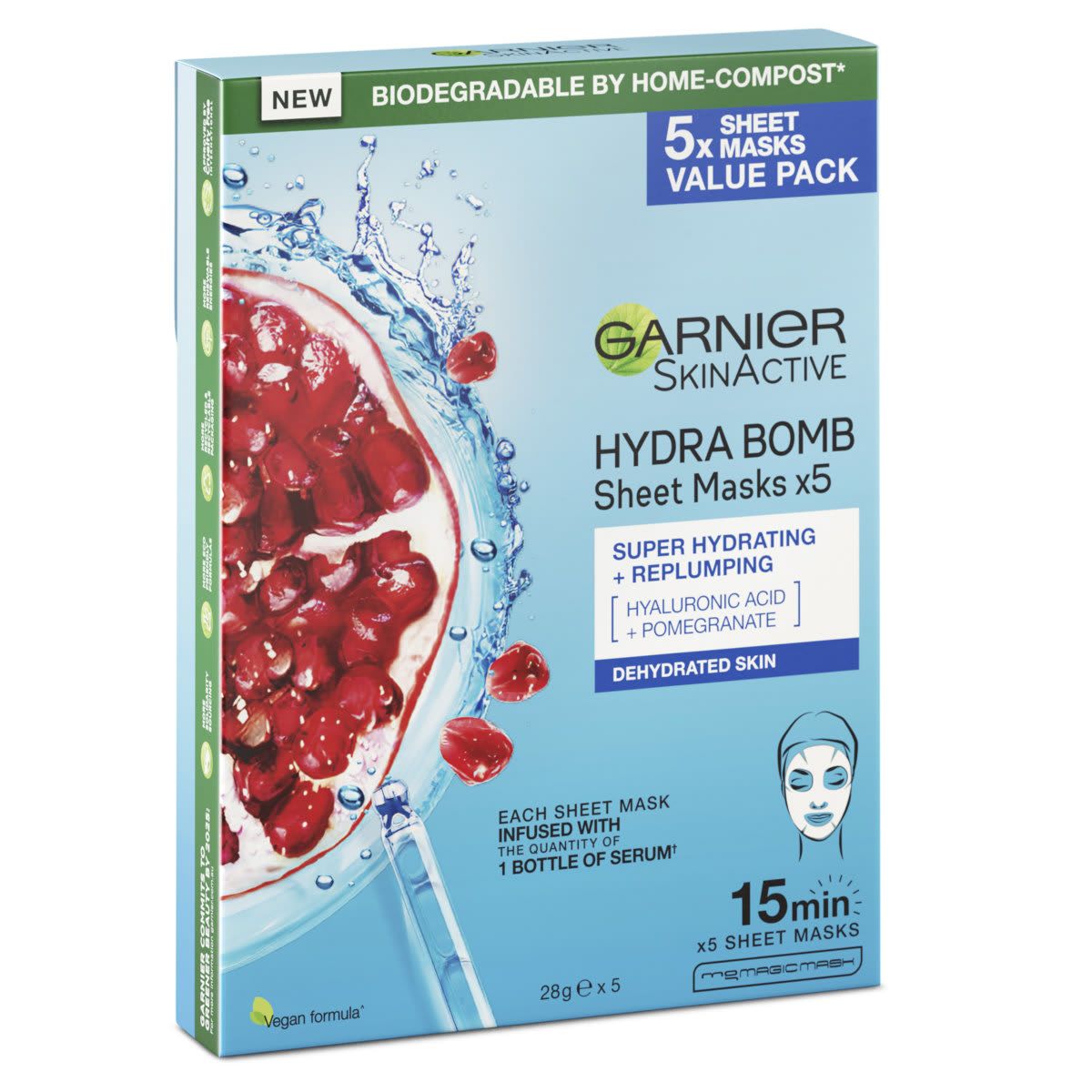 Garnier SkinActive 5 Pack Hydra Bomb Sheet Mask - Hyaluronic Acid and Pomegranate