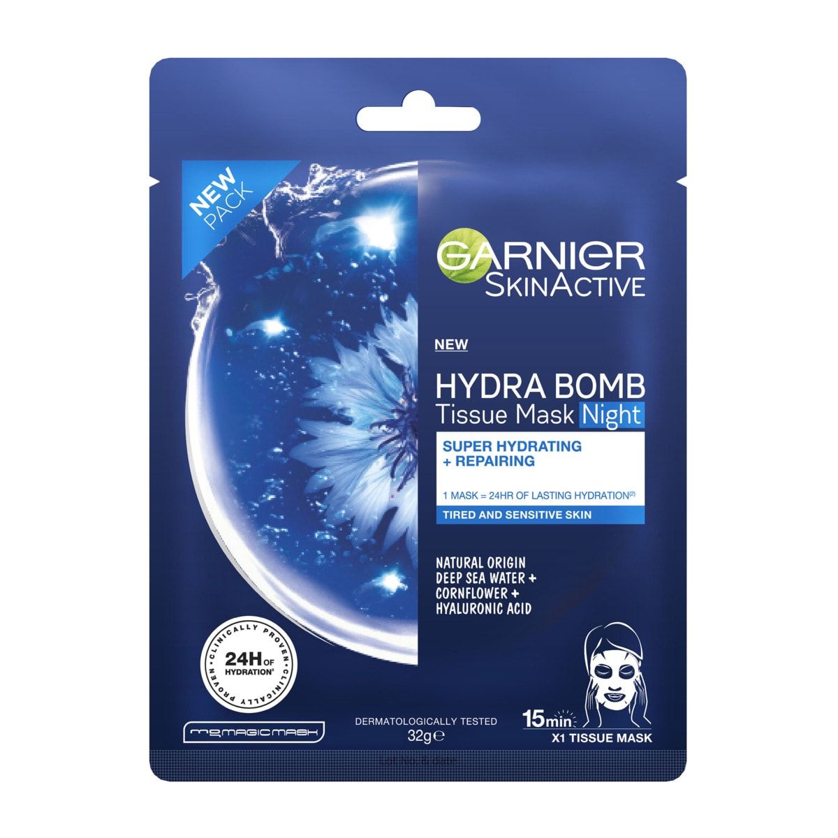 Garnier SkinActive Hydra Bomb Night Tissue Mask 32g -  Deep Sea Water, Cornflower & Hyaluronic Acid