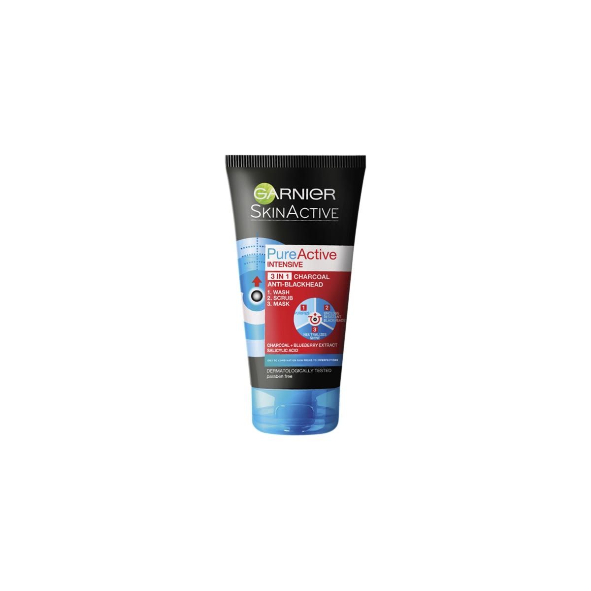 Garnier SkinActive PureActive Intensive 3-in-1 Anti-Blackhead Wash, Scrub and Mask 150ml - Charcoal