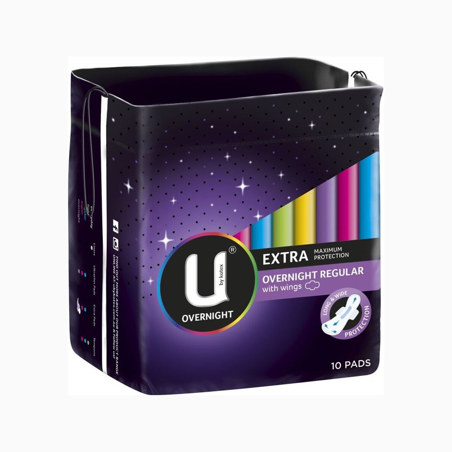 U by Kotex 10 Pack Extra Overnight Pads with Wings
