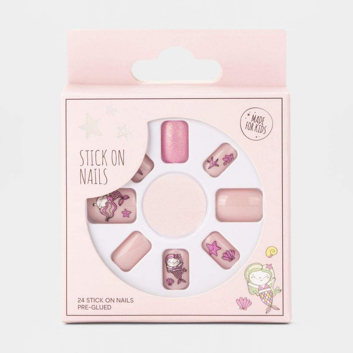 24 Pack Kids Stick On Nails Pre-Glued - Mermaid with Glitter
