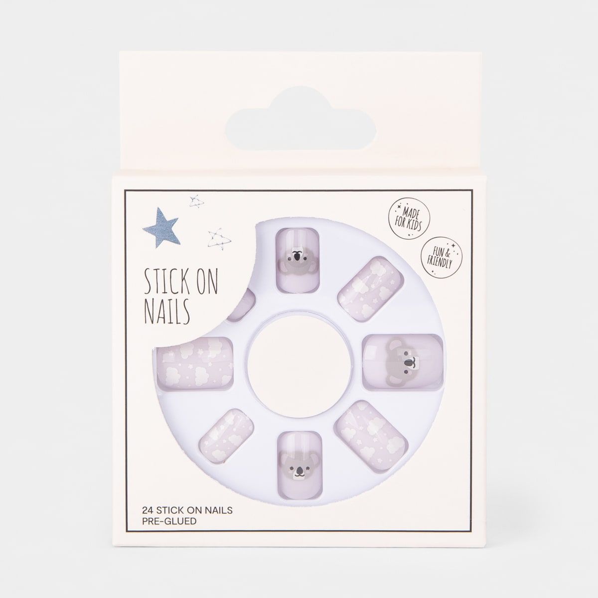 24 Pack Kids Stick On Nails Pre-Glued - Koala