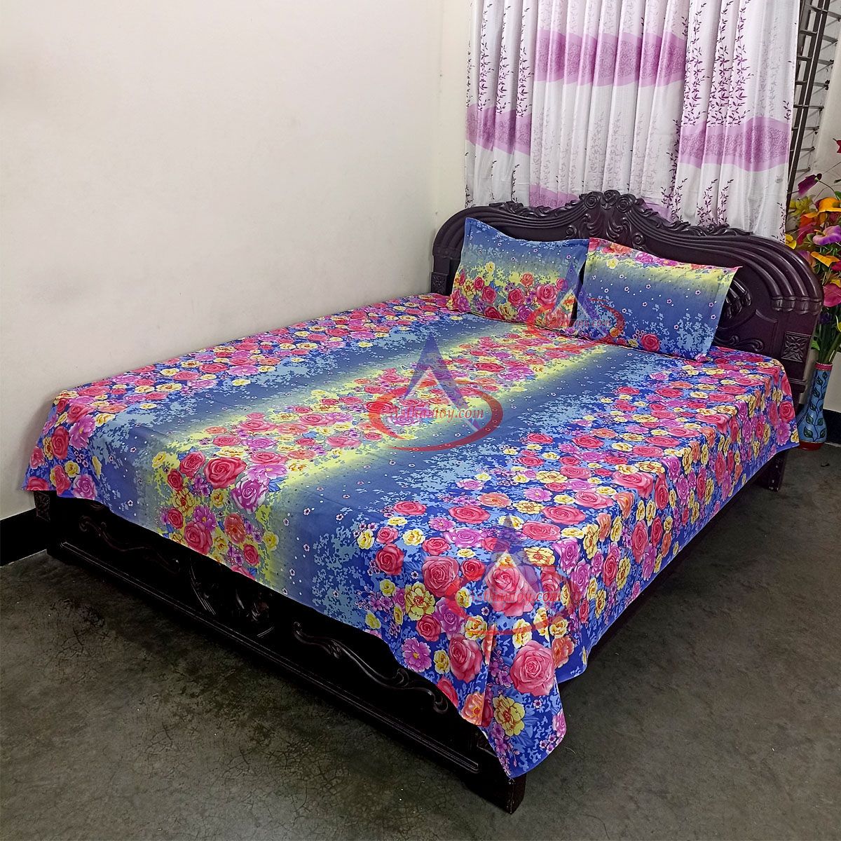 Digital Home Tex Cotton Fabric 7.5 By 8.5 Feet Multicolor King Size Bedsheet With Two Pillow Covers ( 3 Piece Set) - Bed Sheet