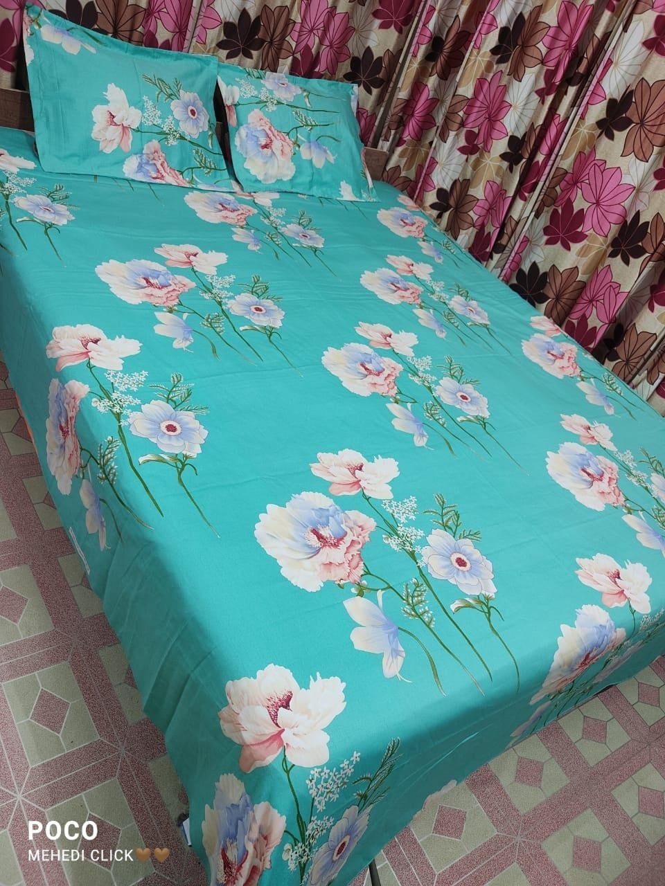Double Size Cottont Bed Sheewith Matching 2 Pillow Covers - Multicolor
