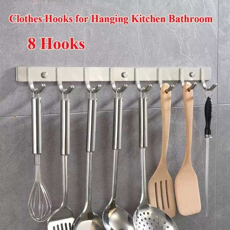 Stainless Steel 8 Hooks Towel Coat Clothes Hooks for Hanging Kitchen Bathroom Home