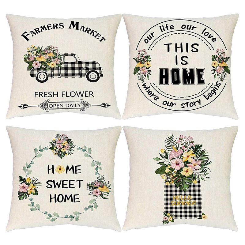 Farmhouse Summer Pillow Covers 18X18 Set of 4 Summer Decorations Summer Throw Pillow Covers for Home Decor