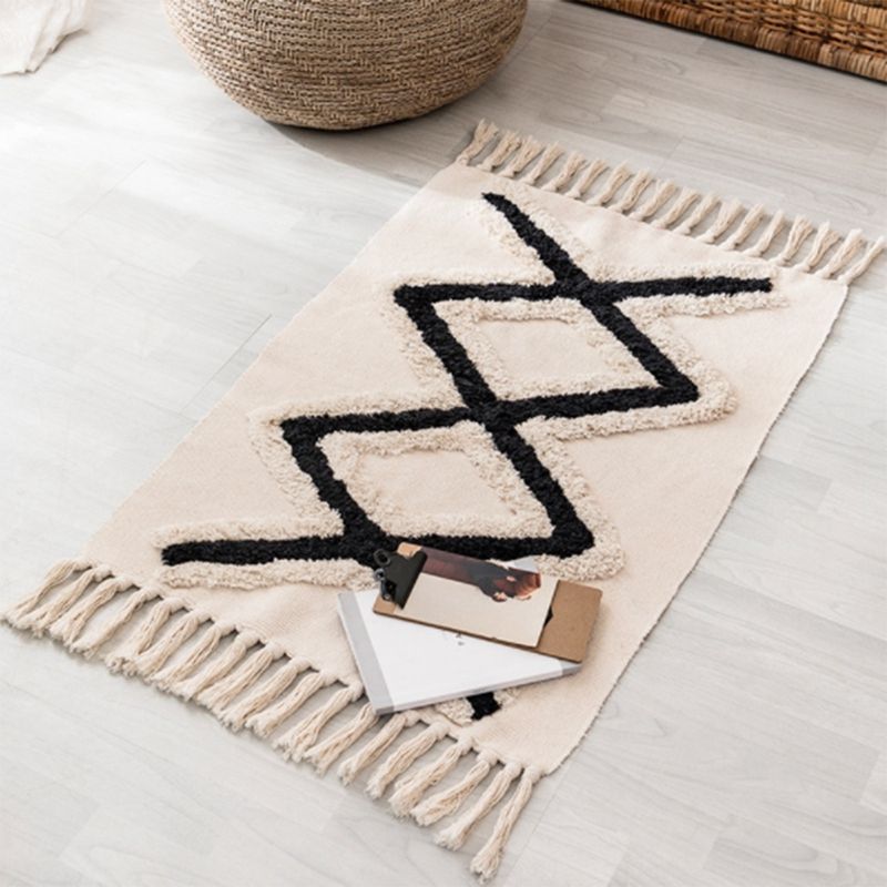 Bohemian Hand Woven Cotton Linen Tassel Carpet Bedside Rug Geometric Floor Mat Living Room Bedroom Carpet Home Decor B