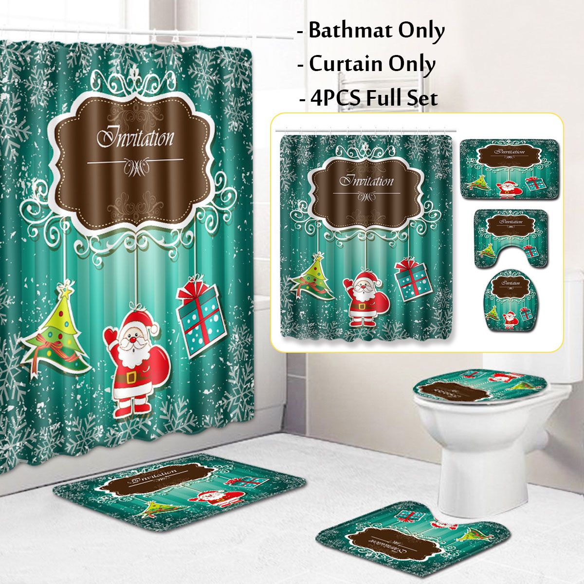 Pick for you  4 PCS Bathroom Merry Christmas Waterproof Pedestal Rug Lid Toilet Cover Bath Mat
