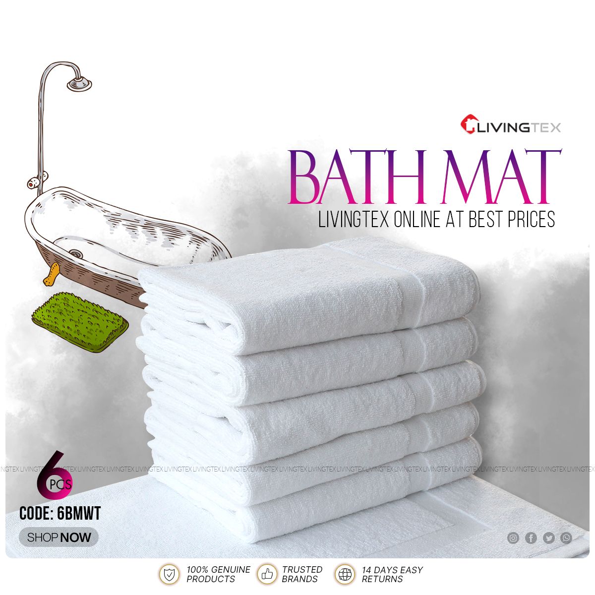 6 pcs White premium Bath Mat (20x30 & 30x30 Inch) Combo _ Easy care _ Exra Soft & high quality _ Premium Quality _ Towel For Men & Women _ 100% Cotton