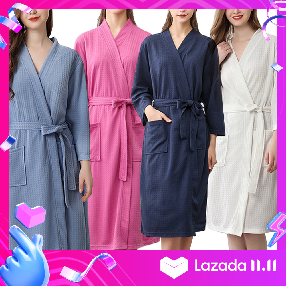 Women Water Absorption Bath Robe Solid Waffle Bathrobe Spa Home Dress Nightgown
