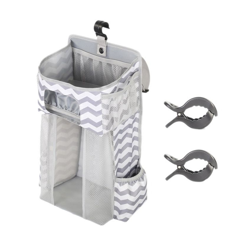 Hanging Diaper Caddy Baby Bed Organization Baby Diaper Holder Baby Product Organizer Gray White Stripes