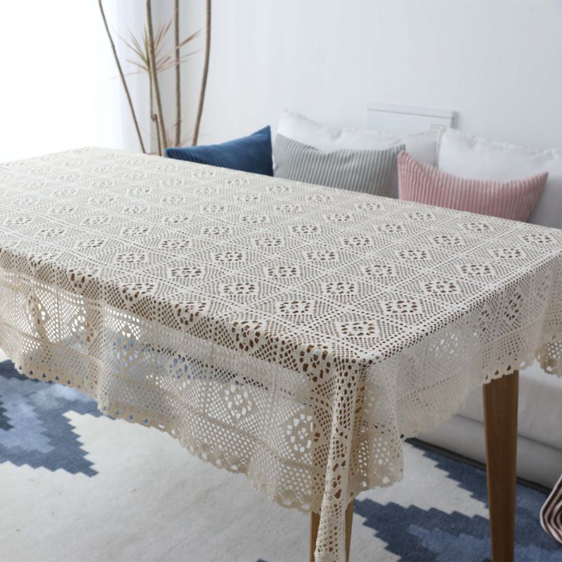 1 Pcs Hollow Decorative Table Cloth Lace Tablecloth Rectangular Tablecloths Dining Table Cover ,140X160cm,Beige