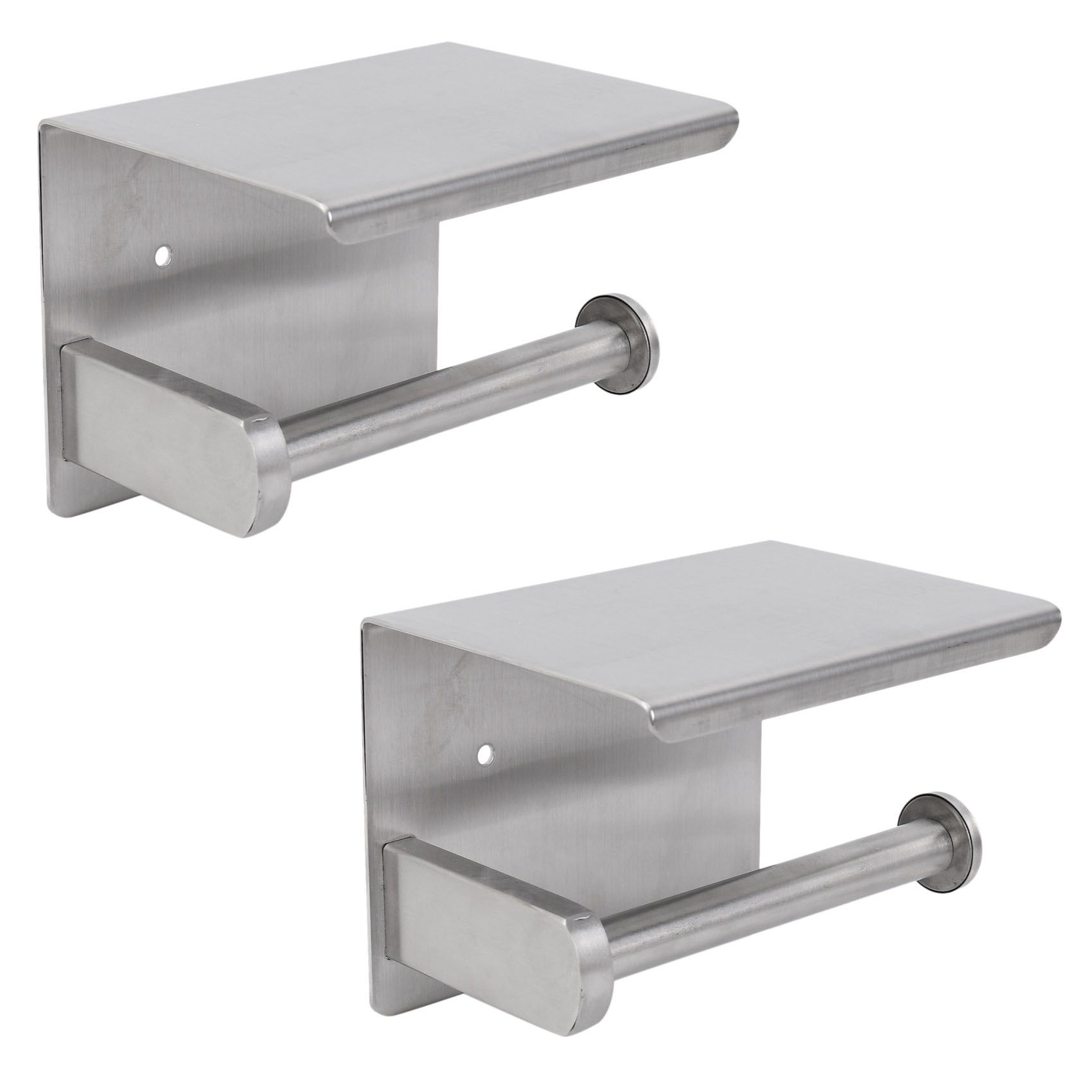 2X Self-Adhesive or Wall-Drilling Toilet Paper Holder Tissue Holders Paper Storage with Mobile Phone Storage Shelf