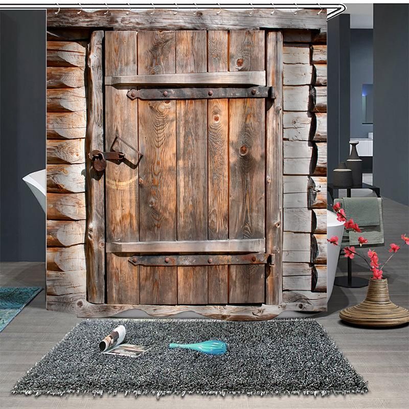 Retro wooden door pattern shower curtain printing polyester mildew shower curtain # 150-180cm