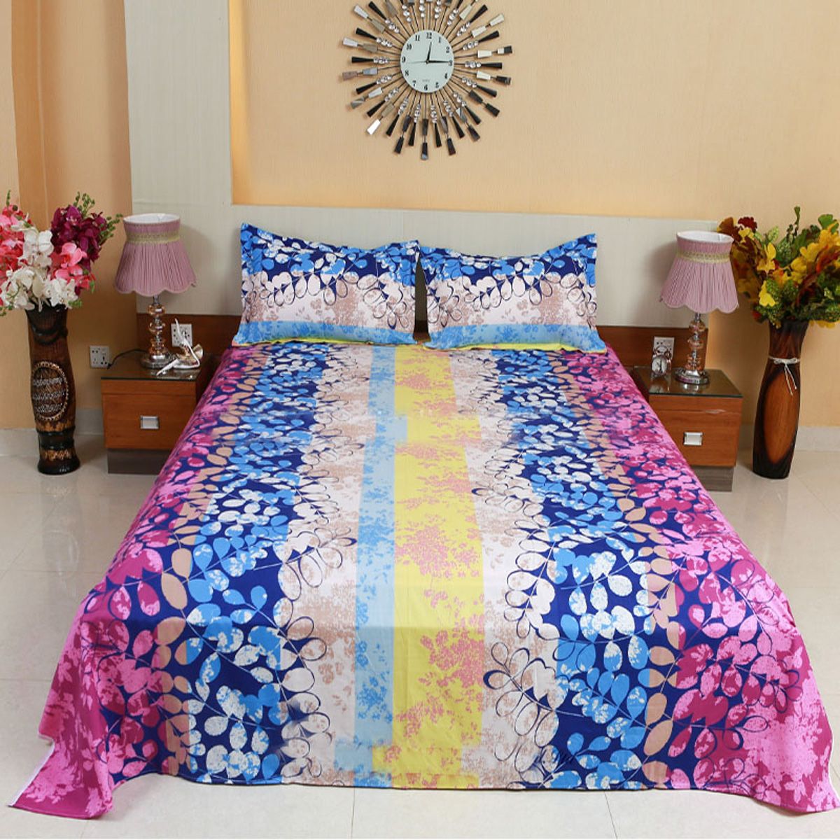 Cotton Fabric Multicolor Print 7.5 by 8.5 Feet Double King Size Bedsheet Set with Two Pillow Covers By Sharee Ghar - Bed Sheet