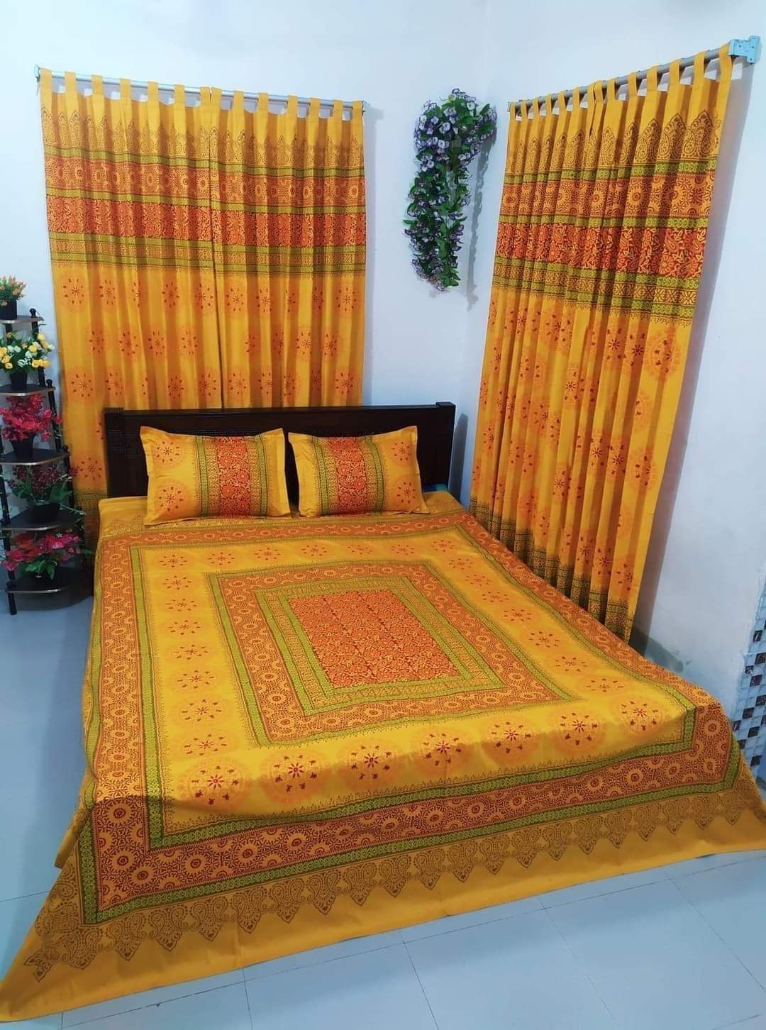 King Size Cotton Block Printed Bed Sheet With 2 Pillow Covers And 4 Curtains - Multicolor