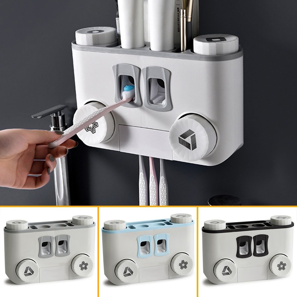 (With 4 cups) Wall Mounted Automatic Toothbrush Holder Storage Rack Shelf Toothpaste Dispenser Holder Bathroom Accessories