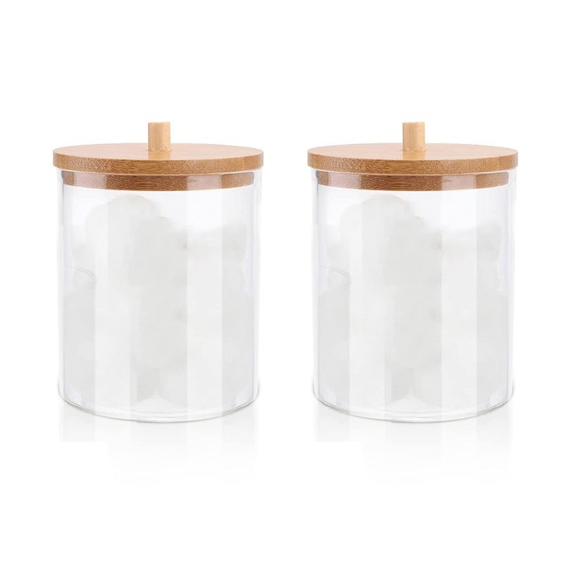 JOUYI 2 Pack Acrylic Holder Dispenser Bathroom Jars with Bamboo Lids, Cotton Ball Pad Round Swab Holder for Bathroom
