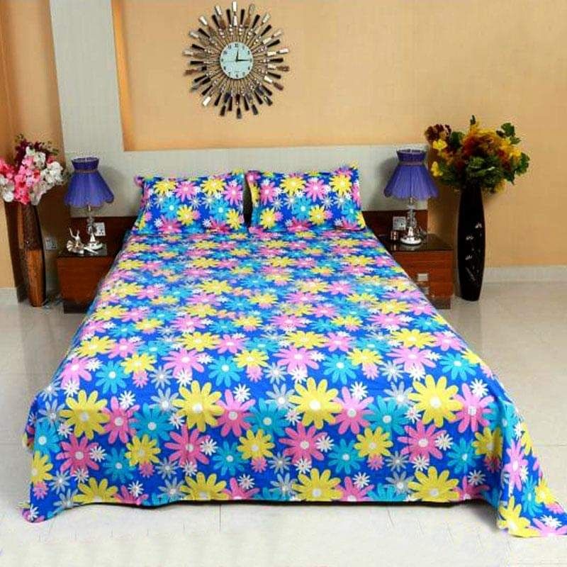 Double Size Cottont Bed Sheewith Matching 2 Pillow Covers - Multicolor - Bed Sheet