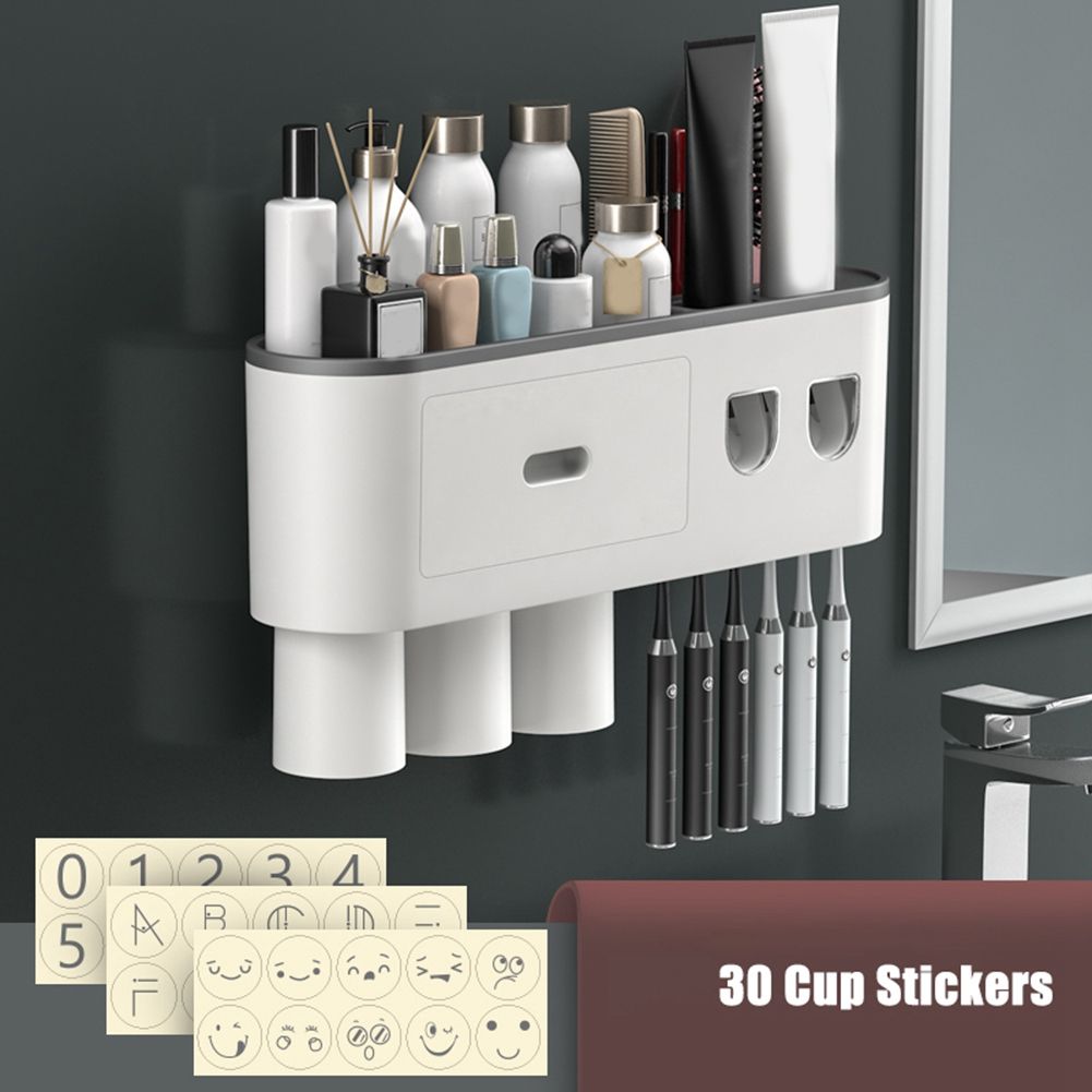 Magnetic Adsorption Inverted Toothbrush Holder Double Automatic Toothpaste Squeezer Dispenser Storage Rack(3 Cups)