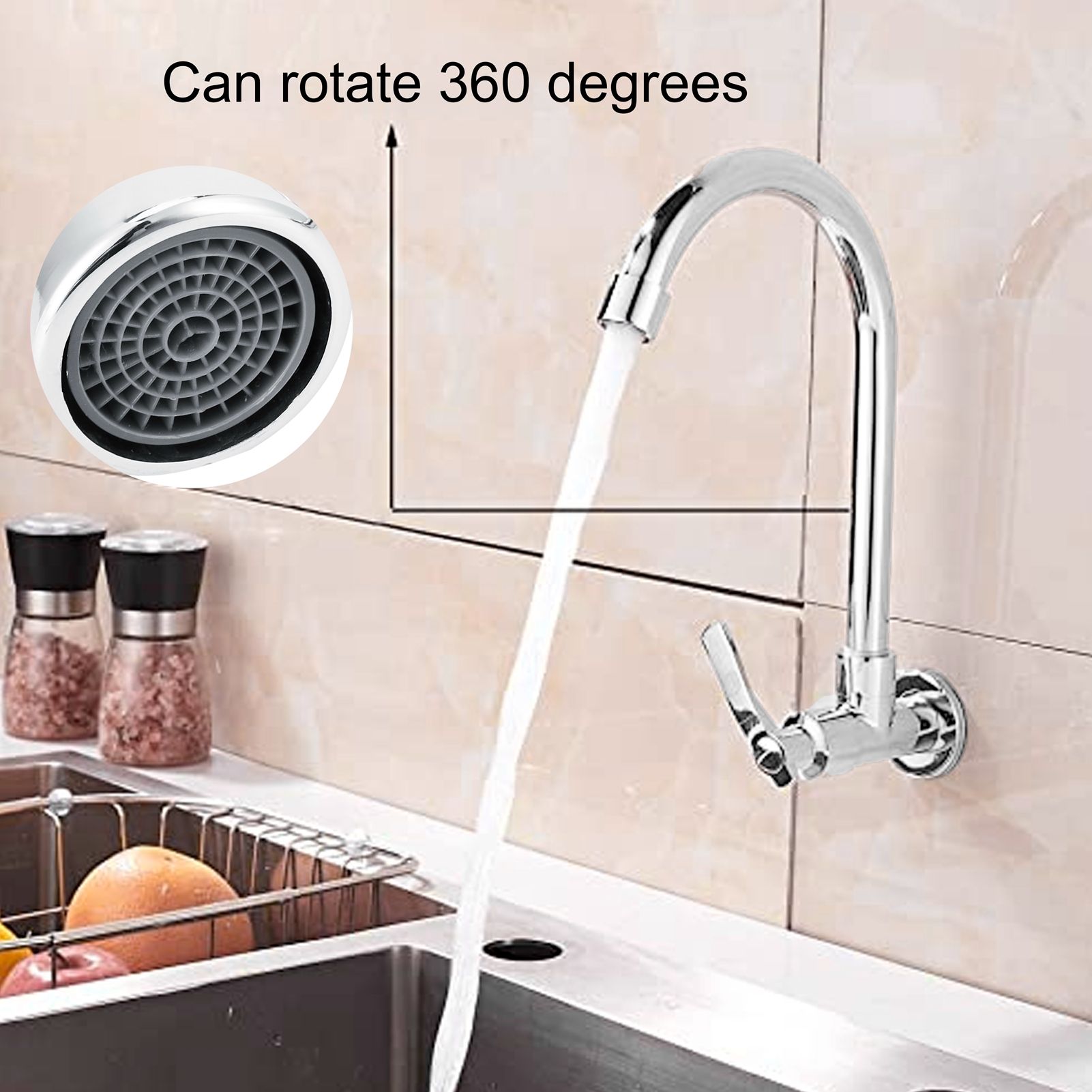 Single Cold Faucet G1/2 Kitchen Sink 360 Degree Rotating Wall-Mounted Water Tap with Handle
