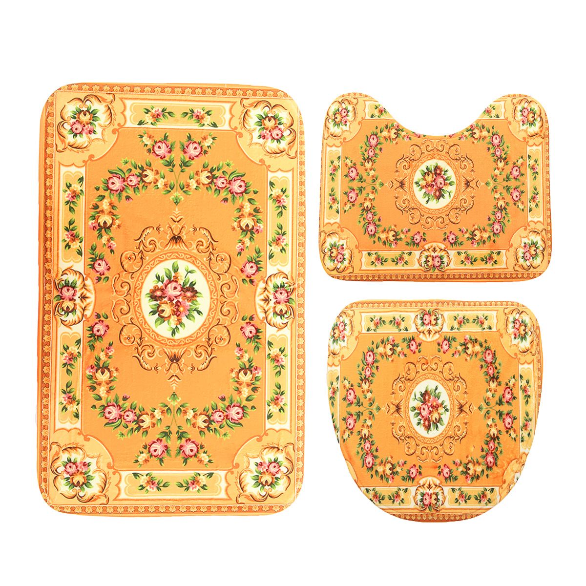 Special Room 3Pcs Flower Print Bathroom Non-Slip Pad Pedestal Rug+Lid Toilet Cover+Bath Mat