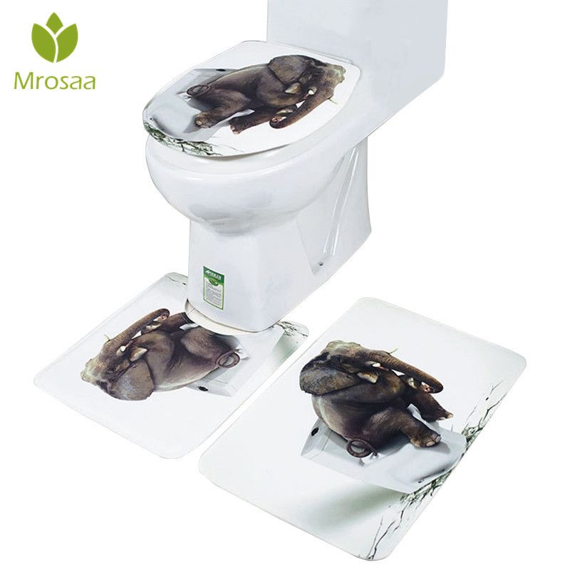 Available 3Pcs/Set 3D Bathroom Elephant Anti-slip Shower Toilet Cover Lid Rug Floor Mat