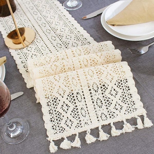 Macrame Table Runner,Cotton Crochet Vintage Table Runner with Tassels,for Wedding Dining Table,Bohemians Style(24X220cm)