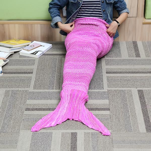 135X42CM Yarn Knitting Mermaid Tail Blanket Birthday Gift Warm Blanket Bed Mat Sleep Bag - Purple Pink
