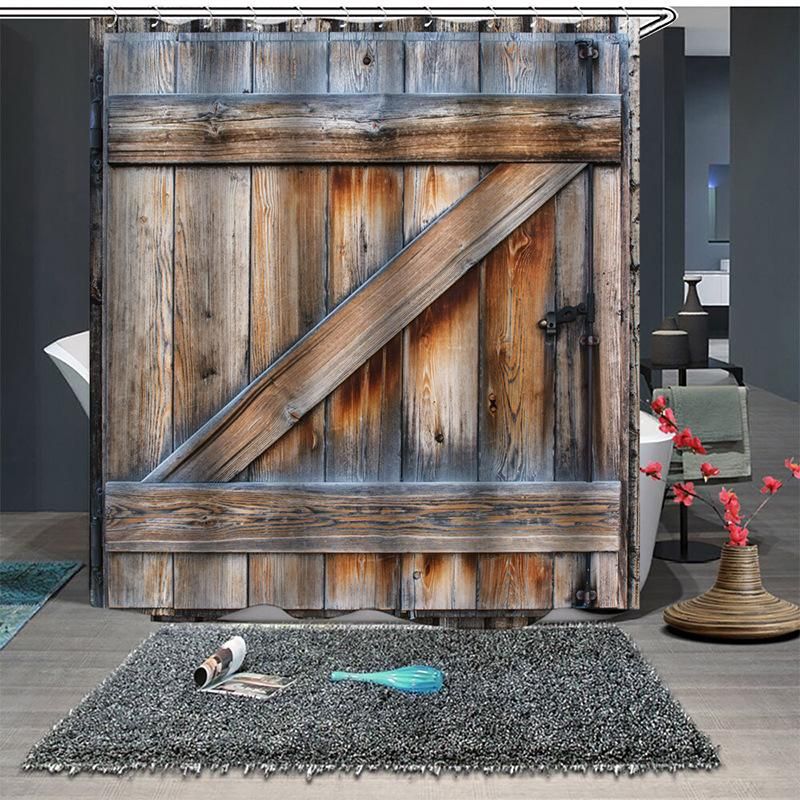 Retro wooden door pattern shower curtain printing polyester mildew shower curtain # 180-200 cm