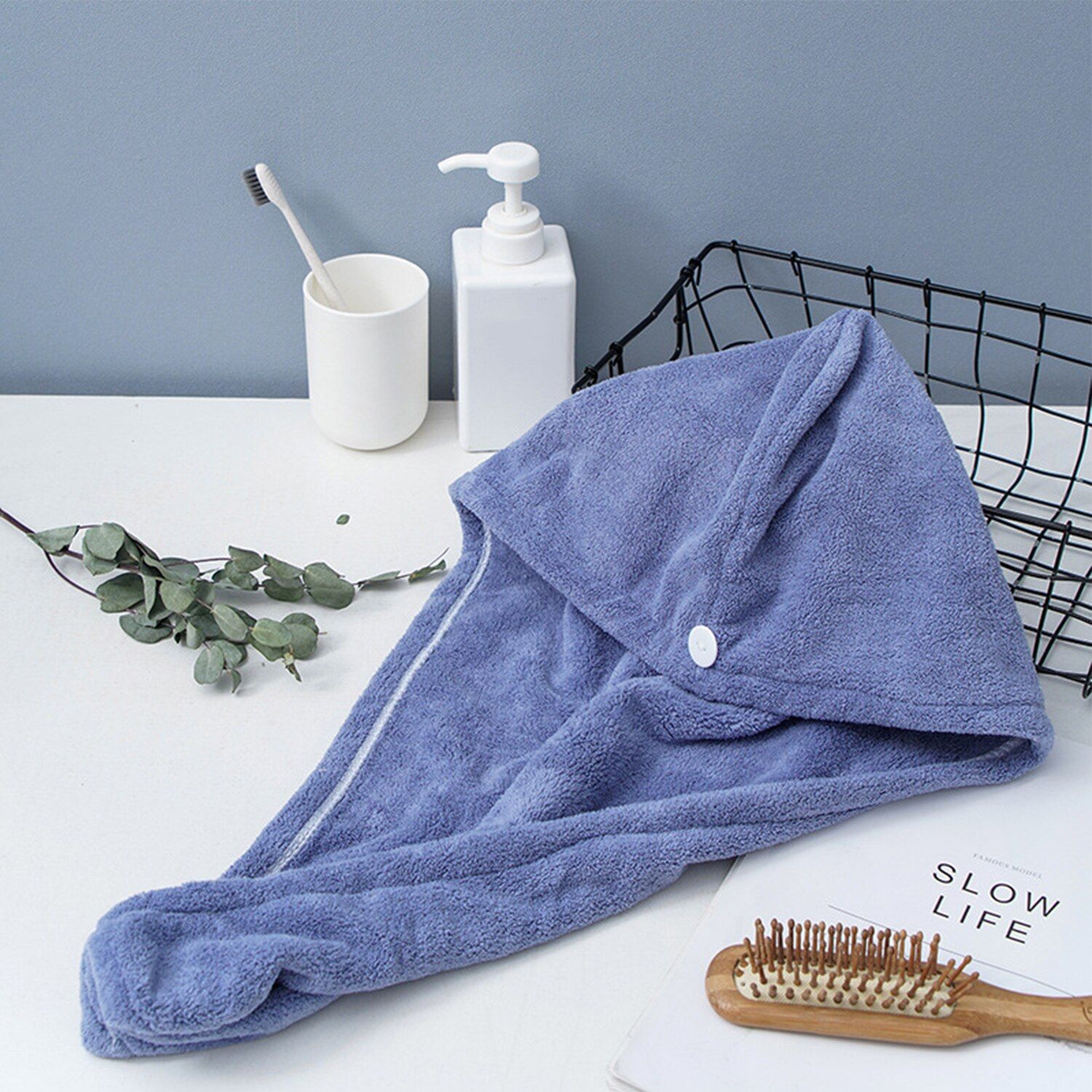 Microfiber Bath Towel Wrap Quick Drying Towel Cap Hat Soft Water Absorbent Hair Towel Wrap Shower Cap with Button for Wet Hair