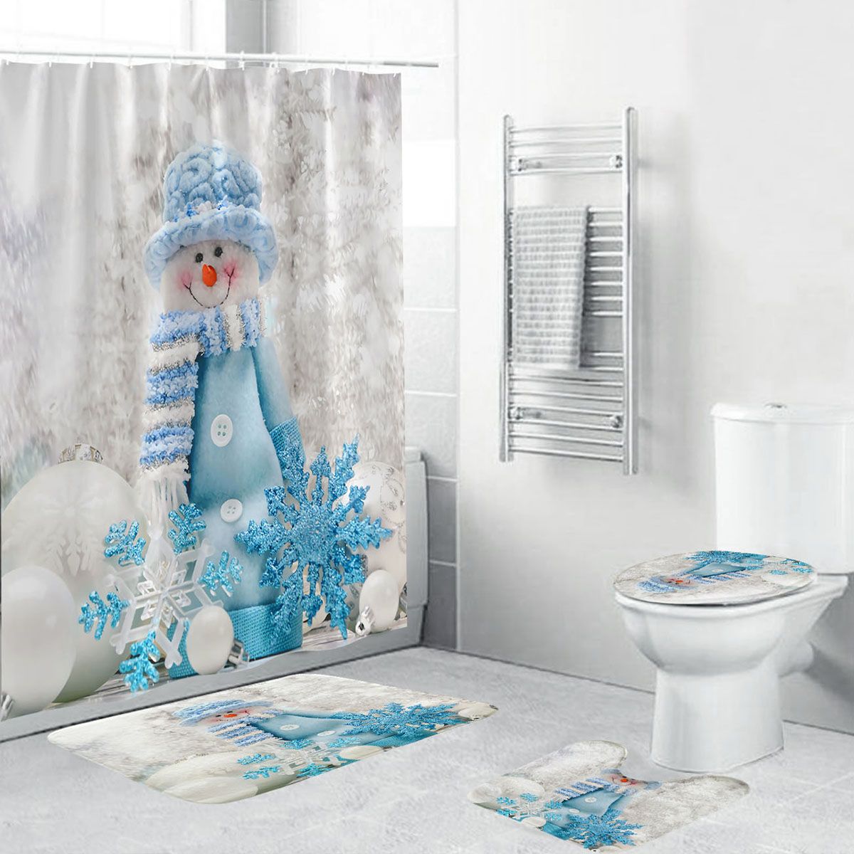 Comfortable Waterproof Shower Curtain / Bathroom Toilet Cover+Non-slip Pedestal Rug+Bath Mat #Snowman Blue Hat