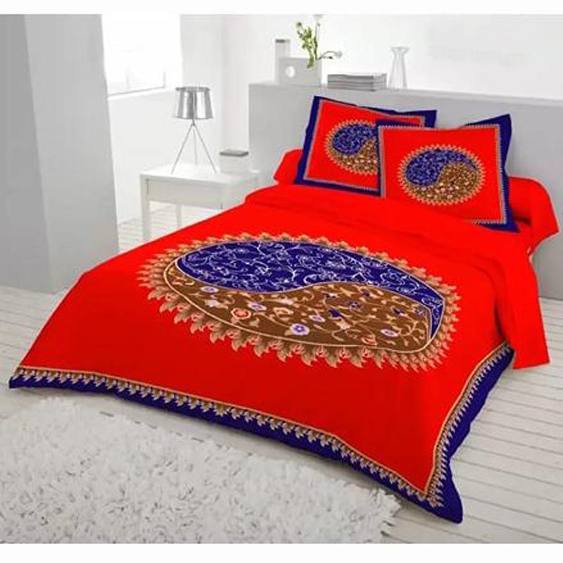 Cotton Fabric Multicolor Print 7.5 by 8.5 Feet Double King Size Bed sheet Set with Two Pillow Covers