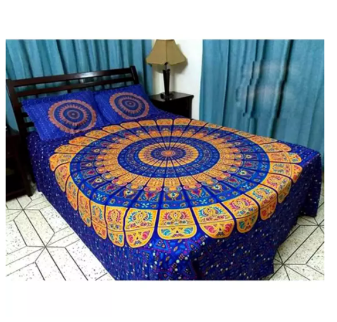New Cotton Fabric Multicolor Print Double King Size Bedsheet Set with Two Pillow Covers