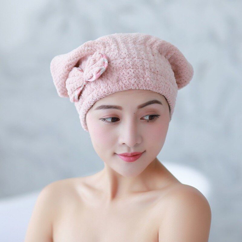 Shower Towel Elastic Hair Drying Cap With Bow Thickening Coral Fleece Super Absorbent Hair Wrap Towel Shower Hat