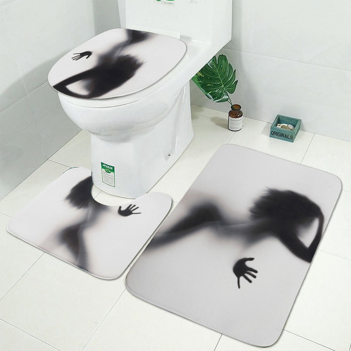 Comfortable 3D Silhouette Shadow Shower Curtain Waterproof Pedestal Rug Set Floor Bath Mat Non-Slip Toilet Lid Seat Cover Carpet Bathroom