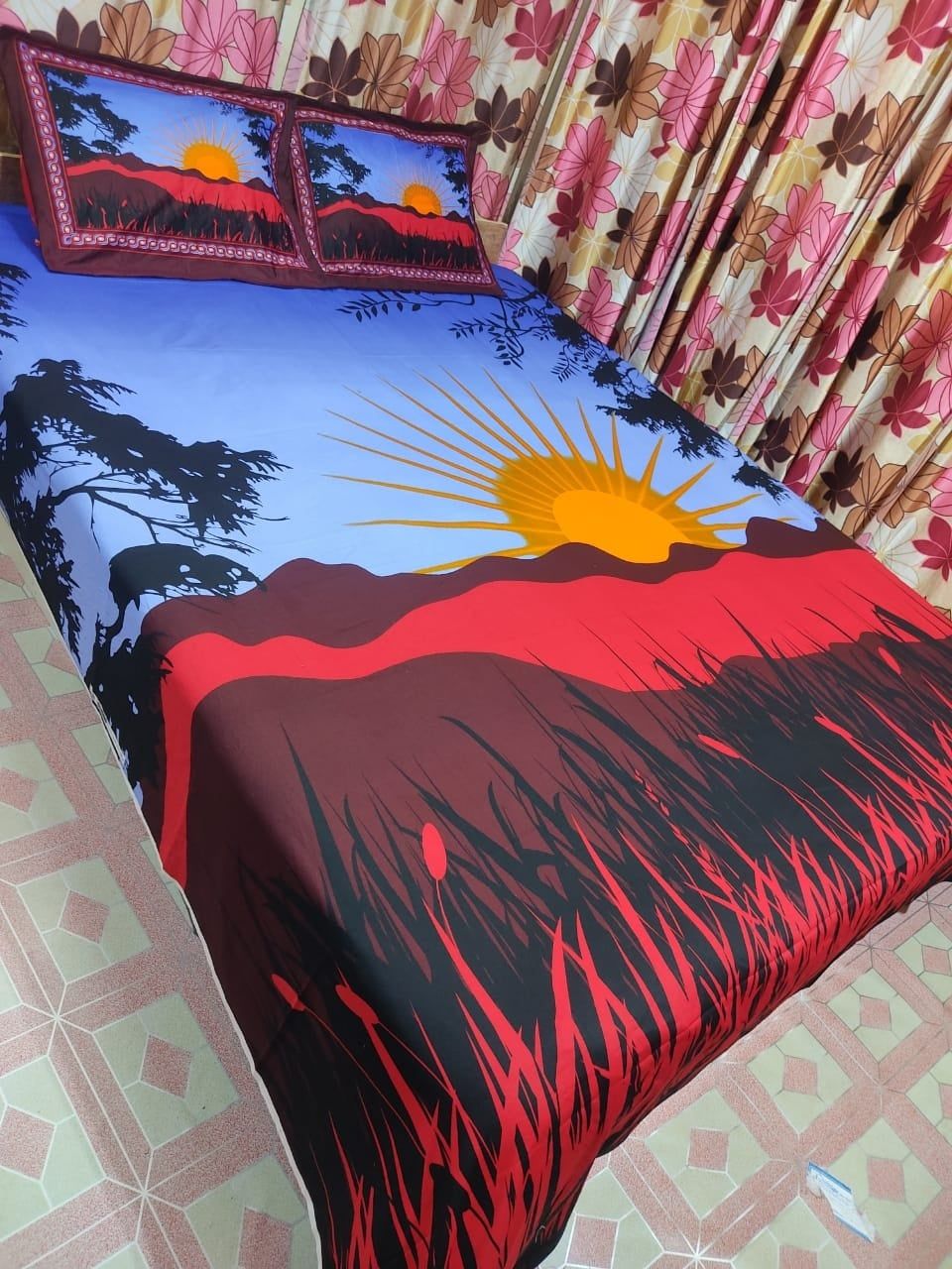 Double King Size Cotton Bedsheet Set with Matching 2 Pillow Covers