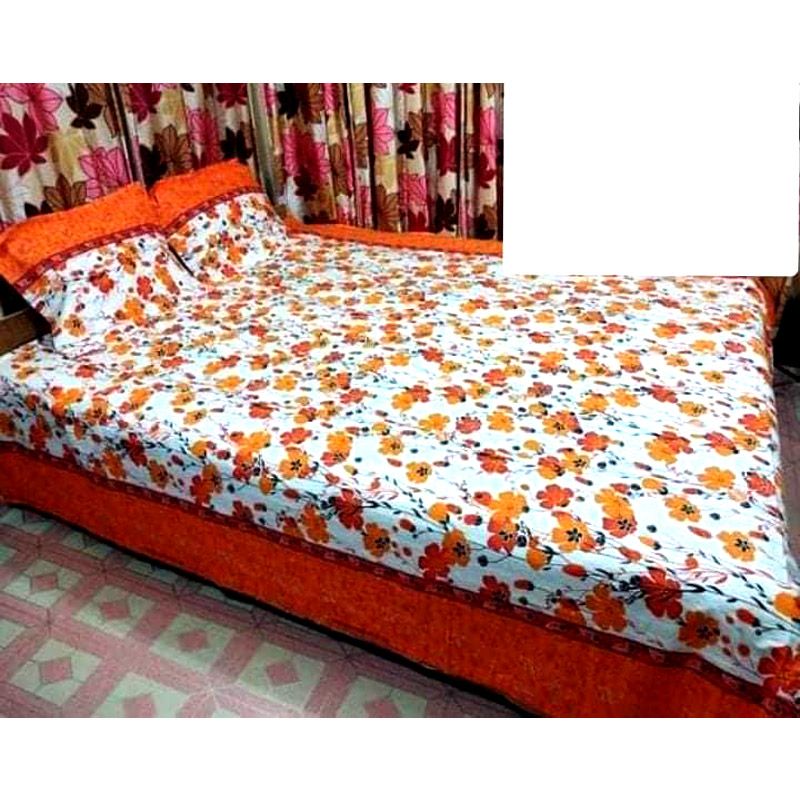 Cotton Fabric Multicolor Print 7.5 by 8.5 Feet Double King Size Bedsheet Set with Two Pillow Covers By Sharee Ghar